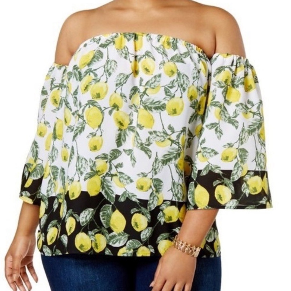 INC Lemon Print Blouse Off The Shoulder Size Small